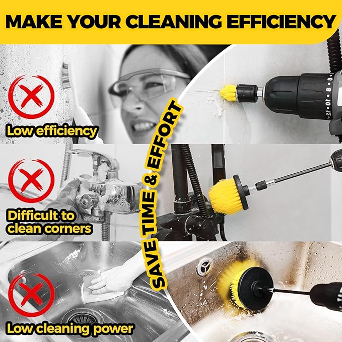 Holikme 10Pieces Drill Brush Attachments Set, Power Scrubber Brush with Extend Long Attachment，Scrub Brush，Shower Scrubber，Cleaning Supplies,Yellow