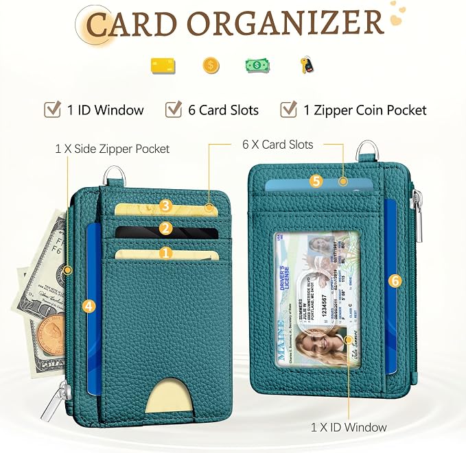 Kelvoris Credit Card Holder Small Wallet Women, Slim RFID, Teal Blue | Keychain, Zipper Coin Pocket, Front Pocket Thin Travel Card Case, Minimalist, 6 Card Slots, 1 ID Window, Ladies Gifts Woman