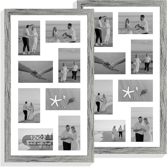 12x22 Picture Frame Set of 2, Grey with Glass Collage Frame, Display Eight Opening 4x6 Photos With Mat or 12 x 22 Newspaper Without Mat - Horizontal or Vertical Wall Mounting