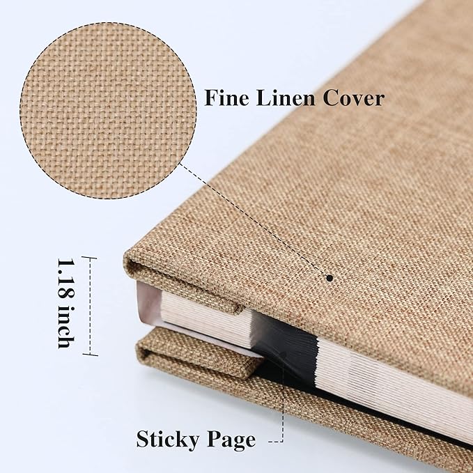 Vienrose Large Photo Album Self Adhesive for 4x6 8x10 10x12 Pictures Linen Scrapbook Album DIY 60 Blank Pages with A Metallic Pen Khaki