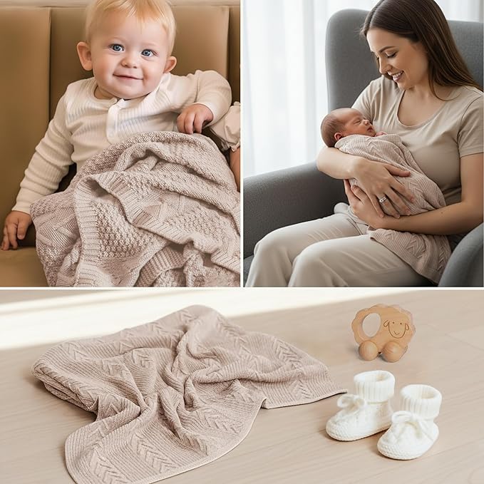 Organic Cotton Baby Blanket - 31.5 x 43.3 Inches, Soft Knitted Crib Blanket for Boys & Girls, Breathable Design (Beige)