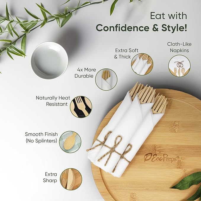 Premium Pre-Rolled Napkin and Bamboo Cutlery Set (100 Pack, 400 PCS) 100% Biodegradable, Eco-Friendly, Disposable Wrapped Cutlery - Includes Pre-Wrapped Bamboo Forks, Knives, Spoons, Napkins