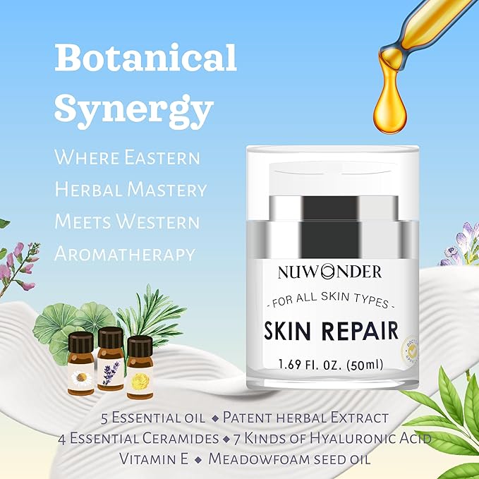 Natural SKIN REPAIR. Clinically tested Aromatherapy. Powerful Essential Oil. Eczema, Dermatitis, Diaper rash, and Sensitive skin. For all skin types. Hypoallergenic, Vegan, Paraben Free. 50ml bottle