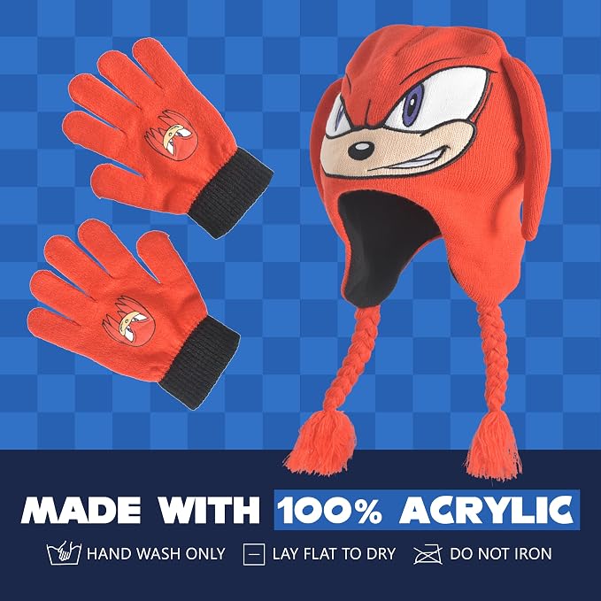 Concept One Sonic The Hedgehog Beanie Hat and Glove Set, Kids Knitted Winter Hat and Gloves