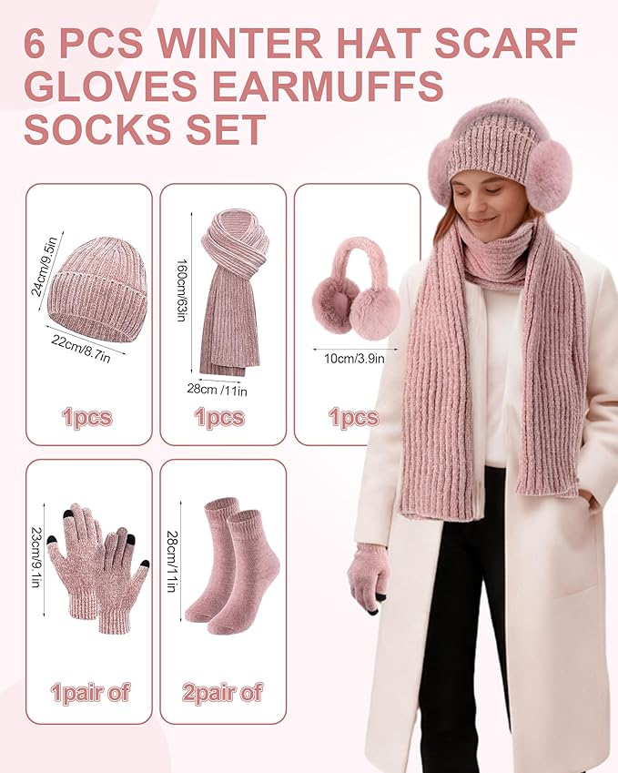 Geyoga 6 Pcs Winter Knit Set Beanie Hat Long Scarf Touchscreen Gloves Ear Muff Socks Warm Valentine Gift for Women Men Snow(Pink,Classic Style)