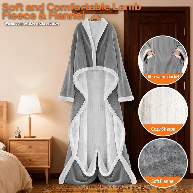 Wearable Heated Blanket With Sleeves & Foot Pocket, Heated Throw Blankets Fast Heating Blanket With 10 Heat Settings Auto Shut Off Over-Heat Protection-Warm Gift, Machine Washable, 52”*72”+18”