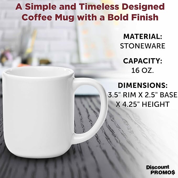 DISCOUNT PROMOS Vibrant Color Glossy Ceramic Mugs 16 oz. Set of 10, Bulk Pack - Perfect for Tea, Espresso, Cappuccino, Hot Cocoa - White