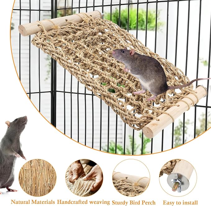 Rat Climbing Toys for Cage, Chewable Natural Hand-Woven Net Seagrass Mat, Cage Ladder Perch for Rats, Rat Ladder Bridge Toy with Mild Grassy Scent, Rodent Hammock Cage Accessories