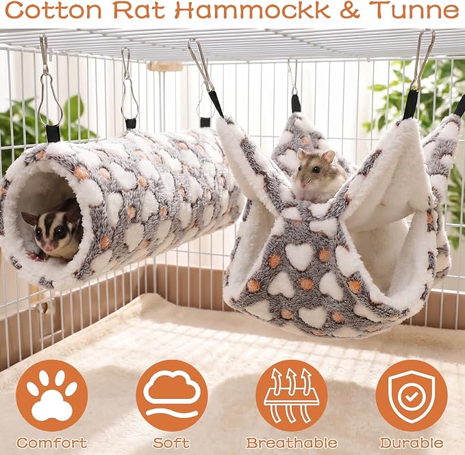 4 Pieces Ferret Hammock Set Ferret Cage Accessories Cozy Hanging Bed Tunnel Hideout Coffee Hearts Soft Coral Fleece Arctic Fleece for Hamster Guinea Pig Rat Squirrel