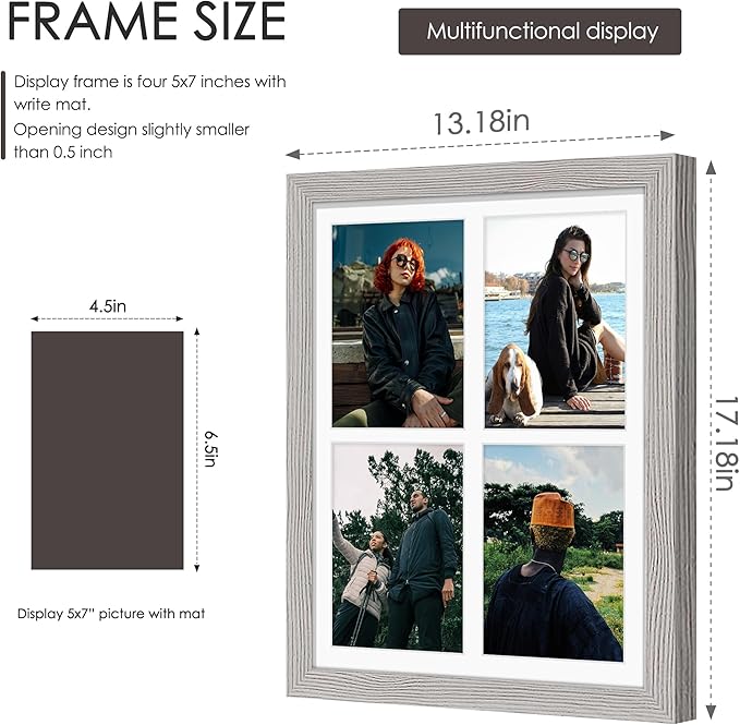 12x16 Picture Frame 5x7 Collage Picture Frame Displays Four 5x7 inch Photos or 12x16 (Without Mat) for Available Horizontal Wall Mounting Display and Vertical Grey