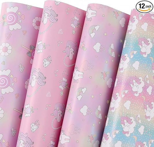 PlandRichW Unicorn Wrapping Paper Folded for Girls, Women Birthday 4 Princess Pink Designs of Rainbow, Fairy Wand, Diamond, for Holidays Baby Shower 12 Sheets 20 × 29 Inches