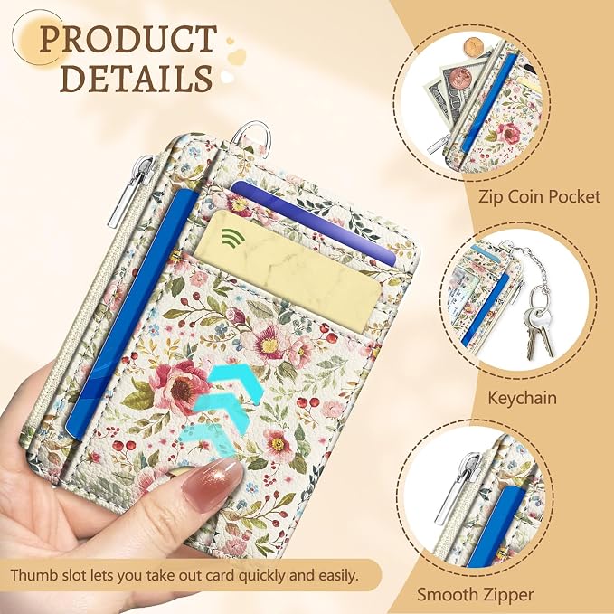 Kelvoris Credit Card Holder Small Wallet Women, Slim RFID, Flower | Keychain, Zipper Coin Pocket, Front Pocket Thin Travel Card Case, Minimalist, 6 Card Slots, 1 ID Window, Ladies Gifts Woman