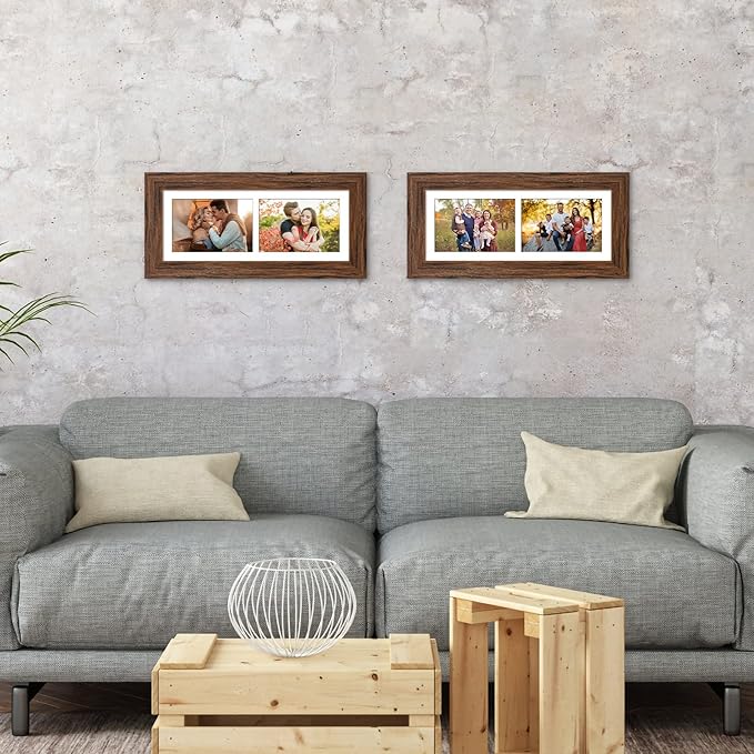 6x15 Picture Frame Display 2 opening 5X7 Double Picture Frame Collage,Multi Photo Frame with Mat,Plexiglass,Horizontal and Vertical Formats for Wall Décor,Carbonized Brown Wood Grain
