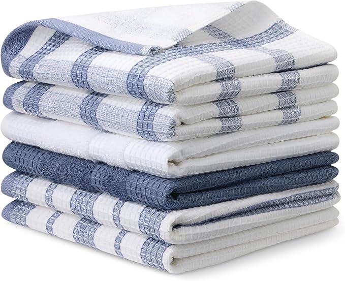 Amazon Basics Organic Cotton Waffle Kitchen Dish Towels - Ultra Absorbent, Quick Drying, Lint-Free, 15 x 25 inches, 6-Pack (4 Navy Strip/Checker, 1 White, 1 Solid Navy)