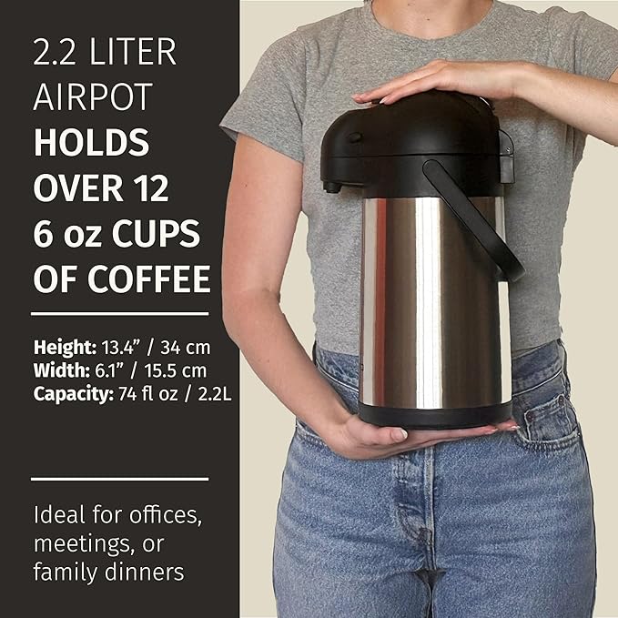 Thermal Coffee Carafe 74Oz, Keeps Drinks Hot for 12Hrs & Cold for 36Hrs, Insulated Stainless Steel Coffee Carafe for Hot Drinks, Easy One-Handed Dispensing for Office, Home, Party, Durable Tea Flask