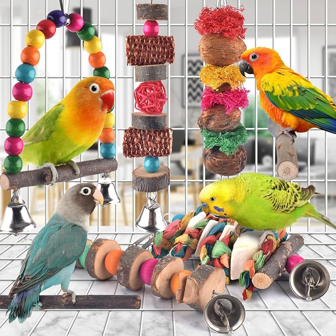Bissap 7‑Pack Bird Chew Toys, Natural Wood Perch for Small Medium Parrots | Reduces Cage Boredom, Hanging Wooden Set with Chew Toys & Perch Stand, Fits Conure, Cockatiel, Parrotlet, Lovebird, Budgie