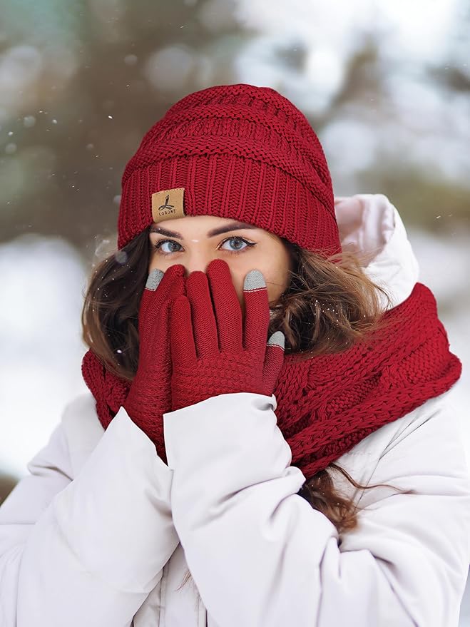 Winter Beanie Hat Scarf Gloves, Warm Fleece Knit Hats Touch Screen Gloves Neck Scarf Set Winter Gifts for Unisex Adult