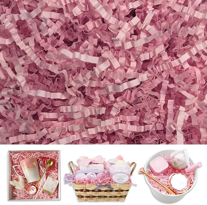 Pink Crinkle Cut Paper Shred Filler, 2 LB Basket Filler Shredded Paper, Confetti Stuffing for Basket Filling, Halloween, Thanksgiving, Christmas, Birthdays, Gift Wrapping, Stuffer Party Supplies