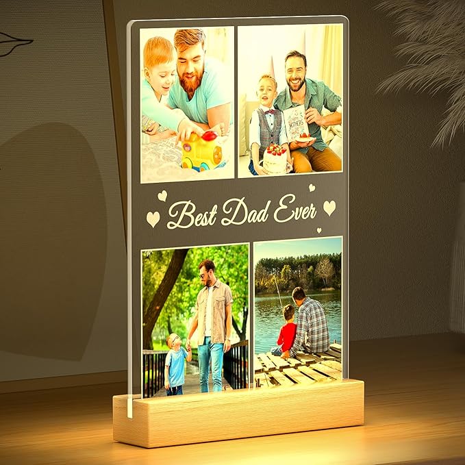 Best Dad Ever Gifts, Custom Collage Picture Frames with Night Light, Personalized Photo Frame, Customized Picture Frame with Photo, Personalized Christmas Birthday Gifts for Dad Baby Kids Family