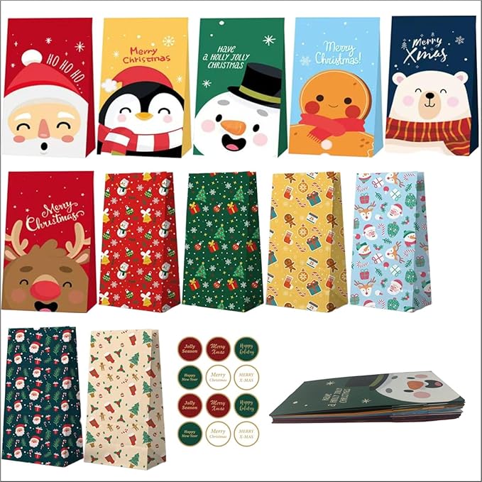 UrLLssMo 24 Pcs Christmas Gift Bags Bulk, Hand-Drawn Illustration Style Paper Gift Bags for Christmas, 12 Designs Holiday Party Favor Bags with No Handle (8.8”x4.8”x3.2”).