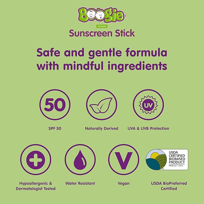 Baby Sunscreen Stick by Boogie Block, Mineral Sunscreen SPF 50, Travel Size Sunblock for Kids, Zinc Oxide, Water Resistant, Vegan, Fragrance Free Pack of 1