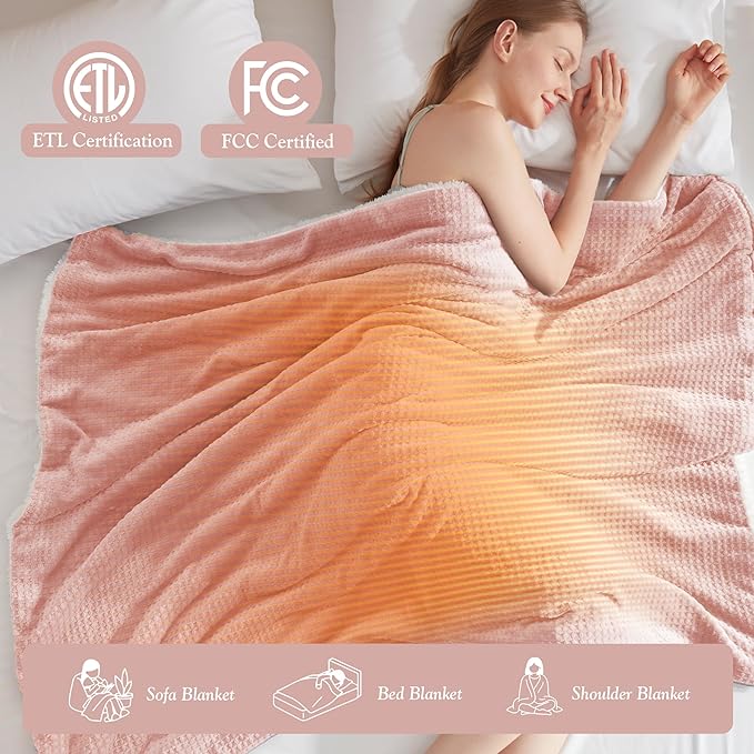 Cozy Heated Blanket Waffle Throw Size - Fast Warming Electric Throw Blanket with 6 Heat Settings & 4 Hours Auto-Off, Ideal Gift for Her, 50"x60", Pink