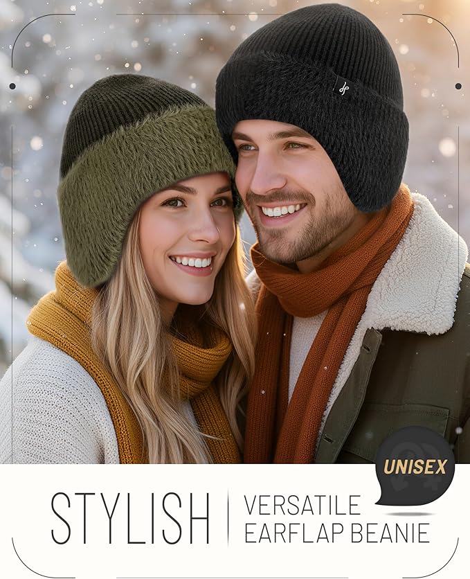 Winter Fleece-Lined Beanie with Earflaps, Warm Windproof Unisex Beanie Hat for Skiing, Hiking & Outdoor Winter Sports