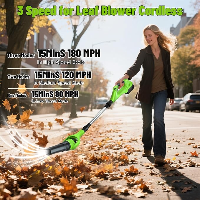 Leaf Blower Cordless, 40V Electric Leaf Blower Cordless with 2 Batteries, Adjustable 300° Multi-Angle Rotation Nozzle 3 Speed Modes 500CFM/180MPH for Lawn Care, Patio, Dust, Leaves, Yard, Car, Gutter