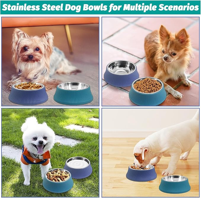 kathson 2PCS Stainless Steel Dog Bowls Set Removable no tip Puppy Food and Water Feeder Bowl Basic Metal Small Dog Bowls for Dogs Cats Rabbit Guinea Pigs Ferret