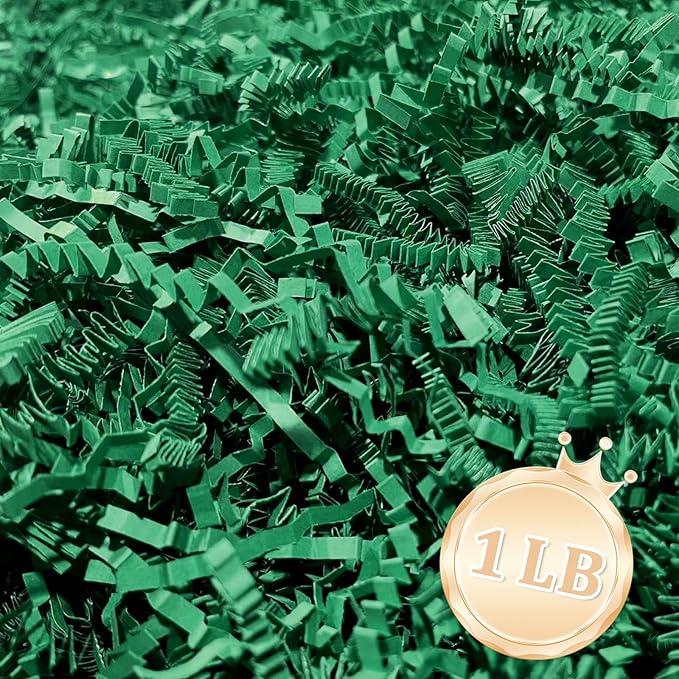 1 LB Dark Green Crinkle Cut Paper Shred Filler Great for Gift Wrapping, Dark Green Basket Fillers, Birthday, Halloween Thanksgiving Christmas Patrick's Day, Easter Party Decor Filling Supplies