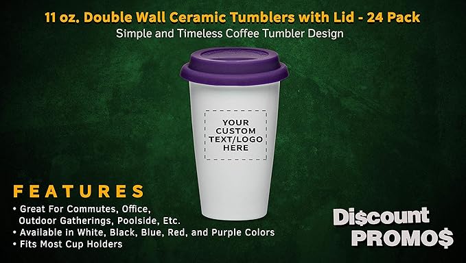 Personalized 11 oz. Double Wall Ceramic Tumblers with Lid - 24 Pack - Custom Text, Logo - Purple