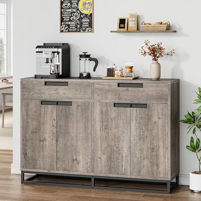 Garvee Kitchen Buffet Cabinet 55 Inch Large Modern Sideboard with 2 Drawers and 4 Doors, Coffee Bar Buffet Table for Kitchen and Dining Room, Grey