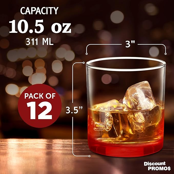 DISCOUNT PROMOS Lexington Rocks Whiskey Glass 10.5 oz, Set of 12, Bulk Pack - Perfect for Scotch, Bourbon, Whiskey, Cocktail - Red
