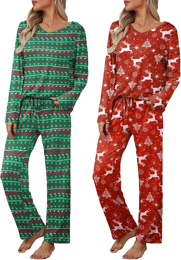 Ekouaer Womens 2 Pack Pajama Set Long Sleeve Pajamas Top and Pants V Neck Pjs Set Soft Loungewear with Pockets