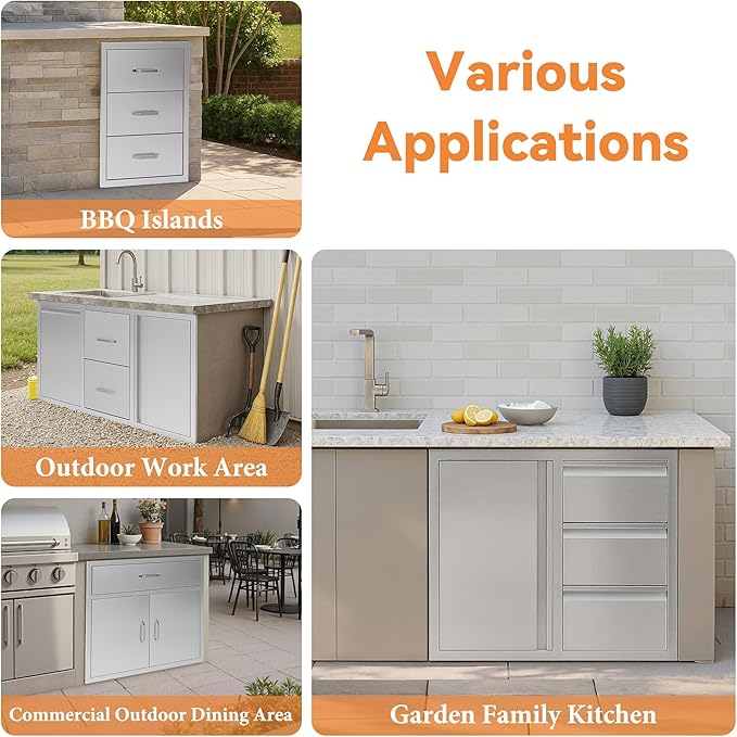 Jocisland Outdoor Kitchen Drawers 28" W×20" D×23" H Stainless Steel Drawers for Outdoor Kitchens, 3-Tier Cabinet & 3-Drawer Combo, Built-in BBQ Island Storage