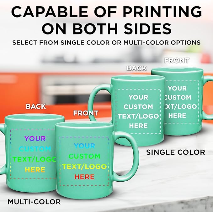 Custom Ceramic Coffee Mugs 11 oz. Set of 100, Personalized Bulk Pack - Coffee cup set, Iced coffee cup, Gaming mug - Teal