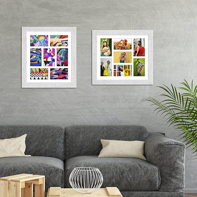 13.5x15.5 Picture Frame Display 7 opening 4X6 Picture Frame Collage,Multi Photo Frame with Mat,Plexiglass,Wall Hanging Decor,Distressed White Wood Grain