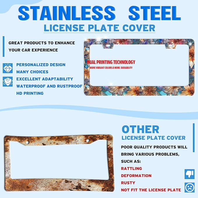 Beautiful Glass Flowers License Plate Frame Floral License Plate Holder | Stainless Steel For Front And Rear Car Tags Funny For Car Decoration Accessories With Screws 6.3 X 12.2 In For Women Men