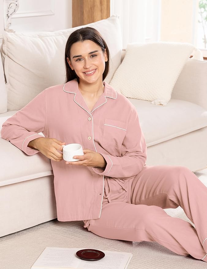 Womens Pajama Sets 100% Double Gauze Cotton Linen Like Muslin Pajamas Long Sleeve Button Down Sleepwear Soft Pjs Lounge Set