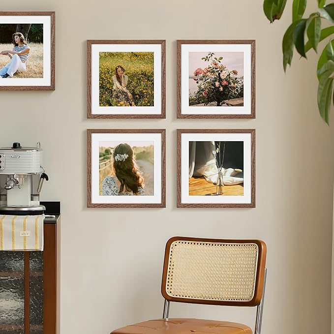 Fun Memories 10x10 Picture Frames, Square Frame 10 by 10 with Mat for 8 by 8, Rustic Oak Wood Frame 10"x10", 10 x 10 Wood Frame Set of 4, Minimalist 10x10 Photo Frames, Walnut Color