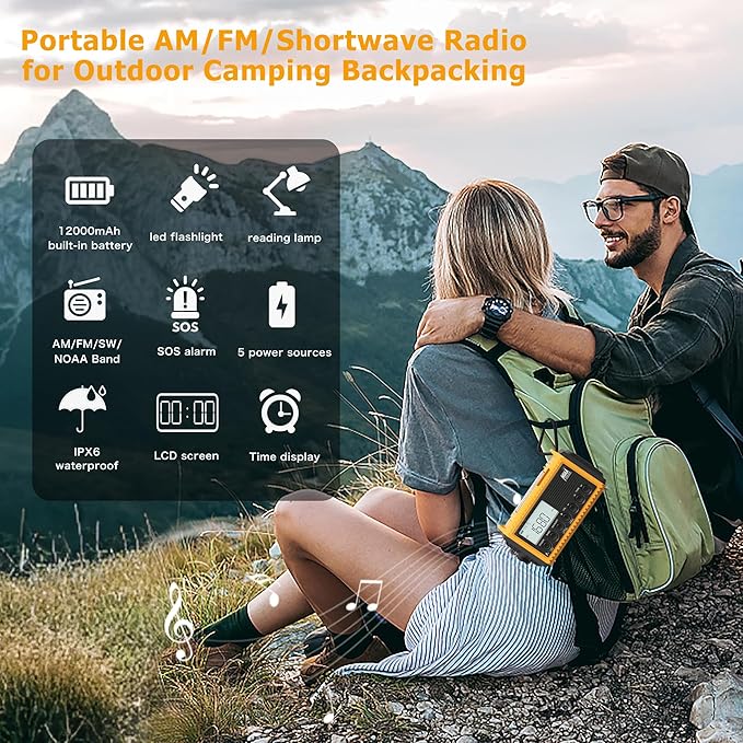 Emergency Radio 12000mAh with NOAA Weather Alert - Solar/Crank/Battery Powered AM/FM/Shortwave Radio, USB-C Charger, Portable SOS Flashlight for Hurricane, Power Outage, Camping Survival Gear