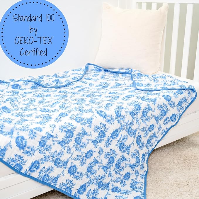 LollyBanks Muslin Baby Blanket 100% Organic Cotton, Muslin Quilt Lightweight, Muslin Blanket for Girls, 6 Layers Baby Blankets 47"x 47", Soft Nursery Receiving Blankets (Blue Peony Print)