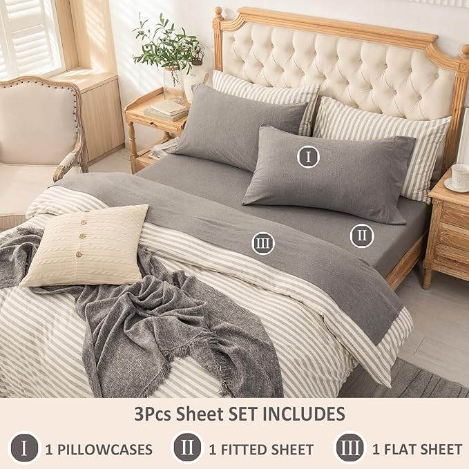 PURE ERA Jersey Knit 4pc Bed Sheet Set 100% T-Shirt Cotton Super Soft Comfy Breathable Fits Mattress Up to 15" Extra Deep Pocket (Heather Dark Grey, Twin)