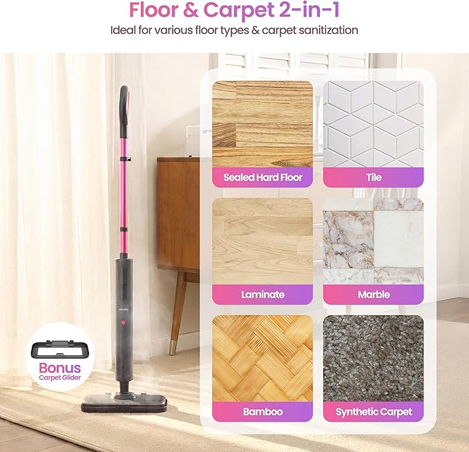Schenley Steam Mop Cleaner Powerful - 15s Fast Heat-Up, Chemical-Free for Hardwood/Tile/Laminate & Floors/Walls, Washable Pads, 3 Modes for Carpet, Lightweight, Self-Standing, Sleek Design