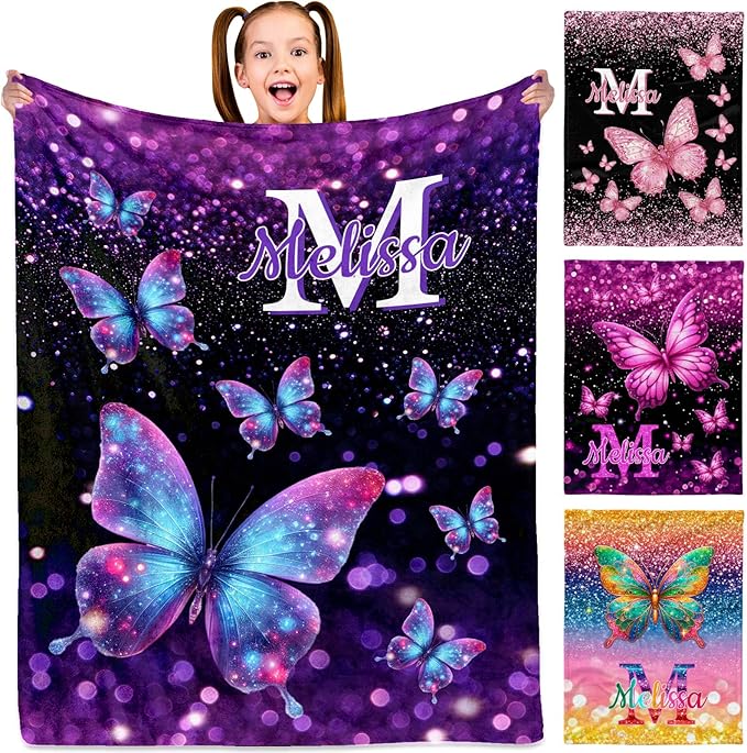 Personalized Baby Blanket with Initial - Customized Throw Blanket Gift for Girls Kids Teens Adults (Butterfly Design)