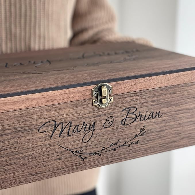 Personalized Memory Wooden Keepsake Decorative Letter Box with lock hinged lid – Custom Wedding Engagement Couple gift for Him, Her, Boyfriend Girlfriend Friend Time capsule box (Walnut)