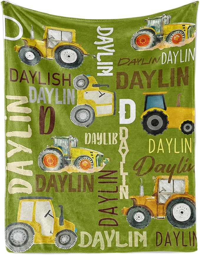 Personalized Tractors Blanket - Custom Name with Farm Tractor Trucks Design - Soft Plush Flannel Bed Blanket for Baby Kid Teen Boys Girls Customized Gifts Olive Green & Yellow