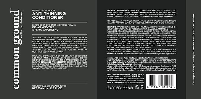 Common Ground Natural Anti-Thinning Conditioner, Sulphate, Paraben & Cruelty Free, Vegan, Plant-Based, Bergamot & Rosemary Scent, Kino Tree & Ginseng DHT Blockers, All Hair Types, Men & Women