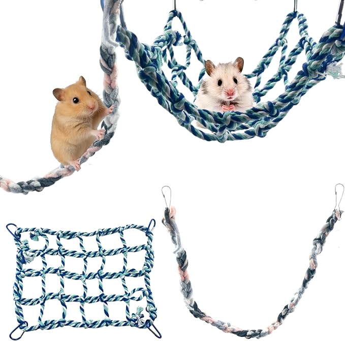 Rat Climbing Hammock for Cage Accessories, Rat Climbing Ropes and Hanging Swing Toys, Hamster Cotton Bridge Ladder Enrichment Toy, Mesh Net Platform for Parrot Bird Chinchilla Ferret (Hammock, Rope)