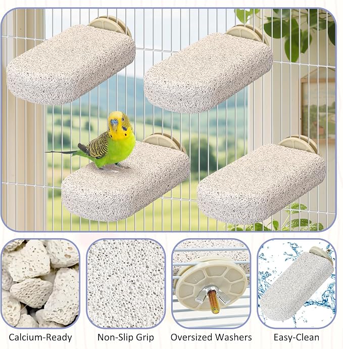 BNOSDM 4 Pcs Bird Beak Grinding Stone Calcium Parrot Perch Stand 4.7*2.6in | Natural Volcanic Lava Stone,Mineral Block for Birds,White Cuddle Bone Perch,Bird Toys for Parakeets Cockatiels Conures